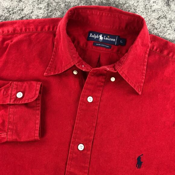 Ralph Lauren Mens Button Up Shirt Large Red Classic Long Sleeve Cotton Navy Pony - Picture 1 of 11
